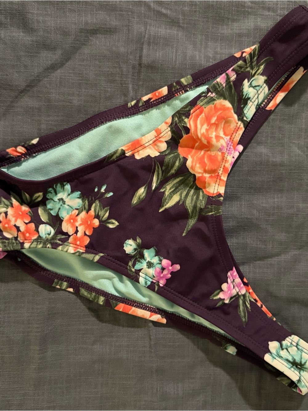 Shade & Shore Purple Floral-Trim Bikini Bottom with Mint Interior